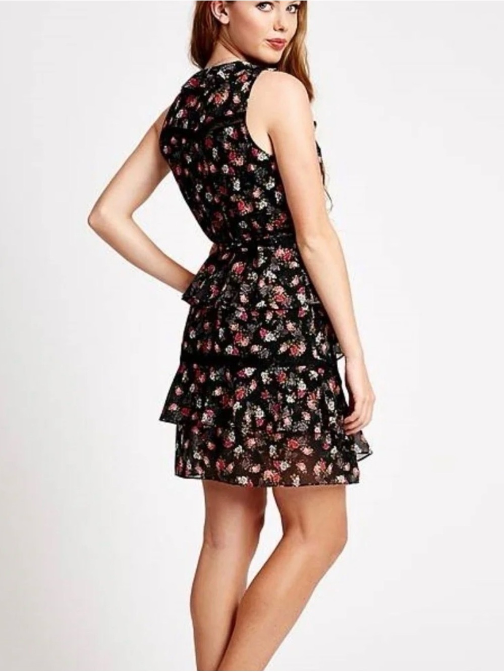 Guess Black Floral Tiered Ruffle Bothild Wrap Dress